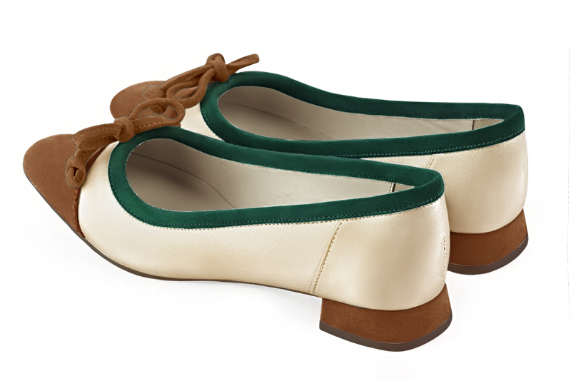 Caramel brown, gold and forest green women's ballet pumps, with low heels. Square toe. Flat flare heels. Rear view - Florence KOOIJMAN